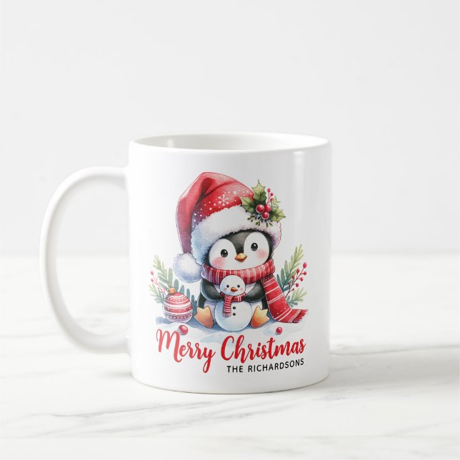 Niedlicher Pinguin und Snowman Frohe Weihnachten Kaffeetasse (Links)