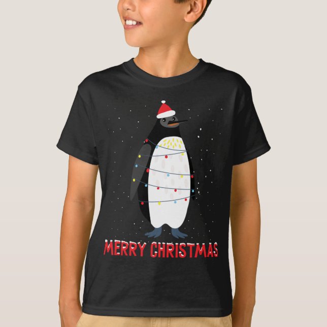 Niedlicher Pinguin Weihnachtsbaumleuchten T-Shirt (Vorderseite)