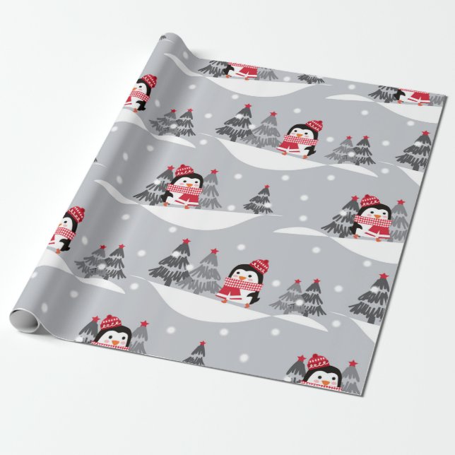 Niedlicher Pinguin Weihnachtsmuster Geschenkpapier (Ungerollt)