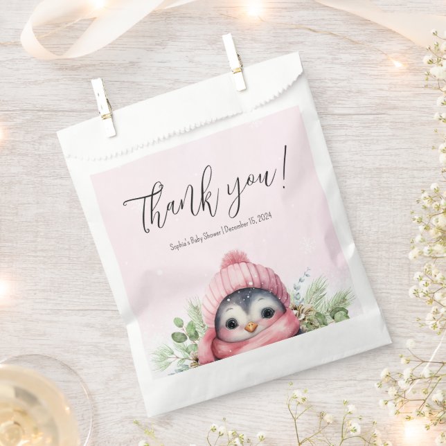 Niedlicher Pinguin Winter Baby Dusche Rosa Schnee Geschenktütchen (Ausgeschnitten)