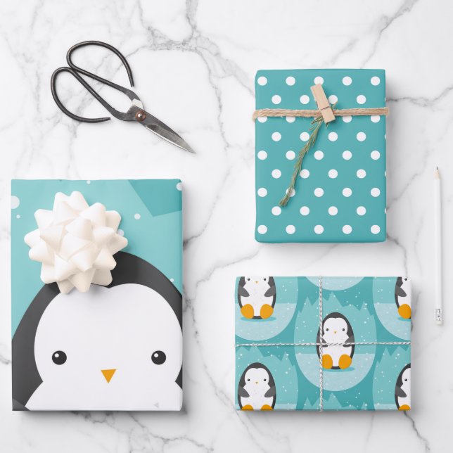 Niedlicher Pinguin Winter Cartoon Blau Geschenkpapier Set (Vorderseite)