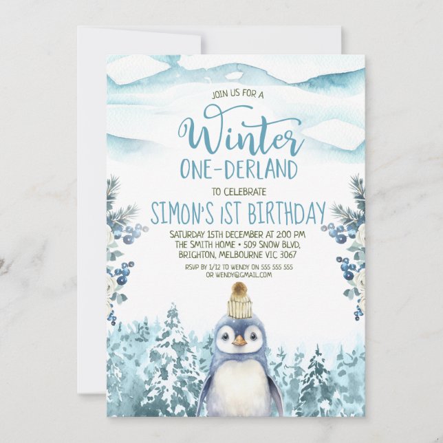 Niedlicher Pinguin Winter Onederland Geburtstag Einladung (Vorderseite)