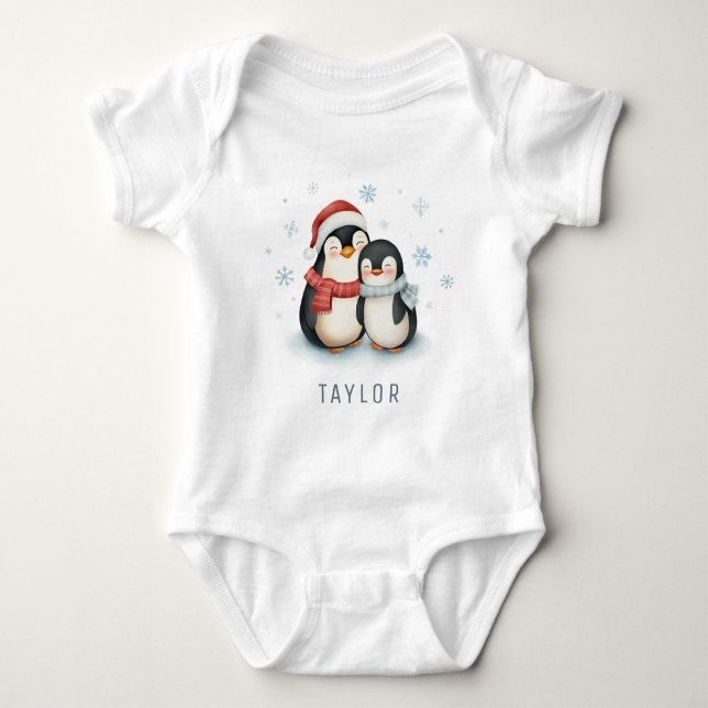 Niedlicher Pinguin Wintertime Personalisiert Baby Strampler (Vorderseite)