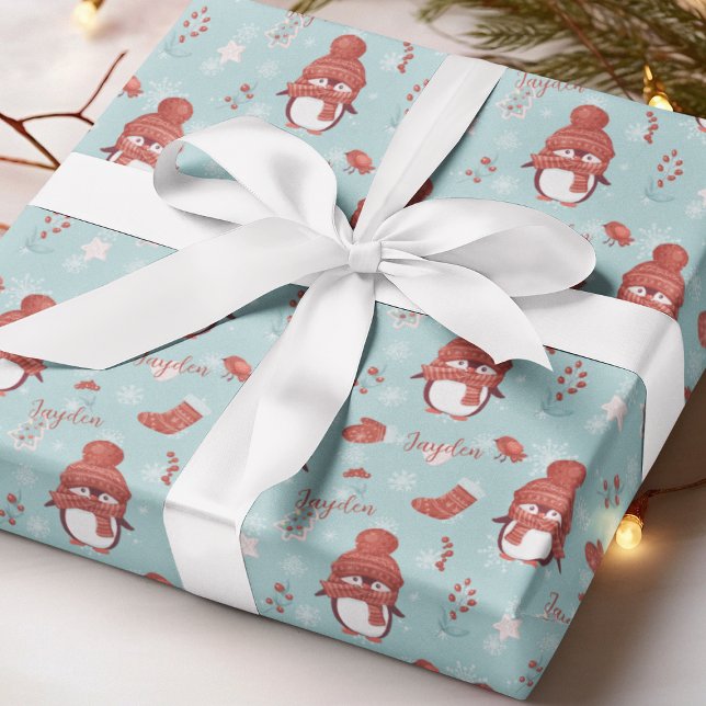 Niedlicher Pinguiname Personalisiertes Schleifpapi Geschenkpapier (Cute Penguin Name Personalized Wrapping Paper
)