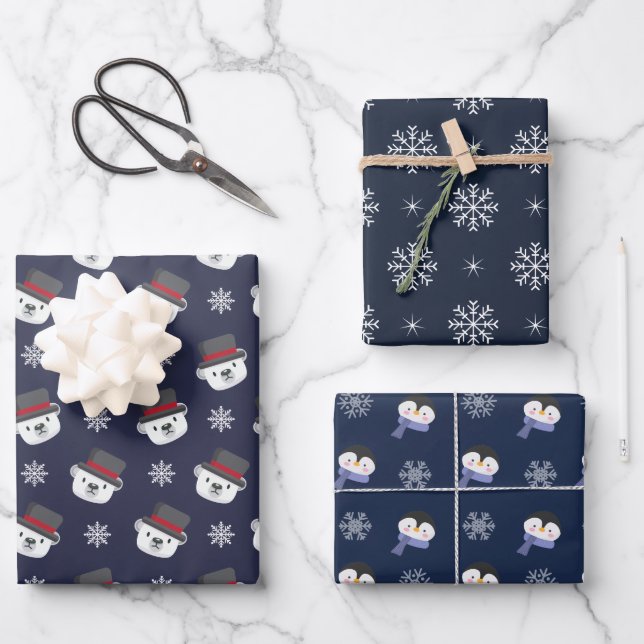Niedlicher Pinguinbär Schneeflocken Winter Weihnac Geschenkpapier Set (Vorderseite)