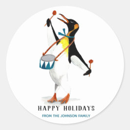 Niedlicher Pinguinmusiker mit Schlagzeug Runder Aufkleber