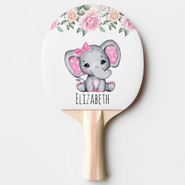 Niedlicher Pink Baby Elefant mit Rose Border Tischtennis Schläger (Vorderseite)