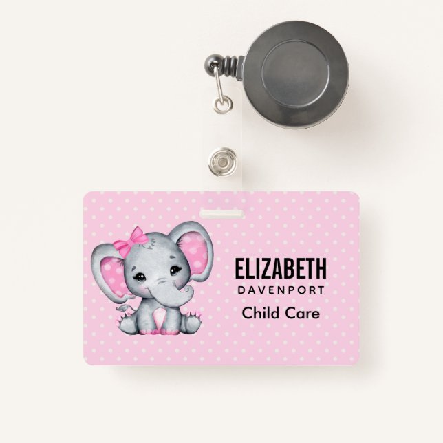 Niedlicher Pink Baby Elephant mit Polka Dot Oars Ausweis (Vorderseite mit Rechteck)