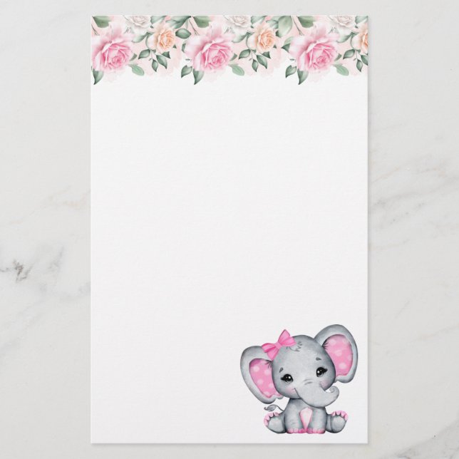 Niedlicher Pink Baby Elephant mit Polka Dot Oars Briefpapier (Vorderseite)