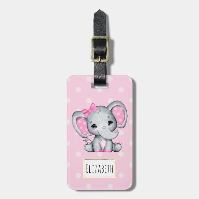 Niedlicher Pink Baby Elephant mit Polka Dot Oars Gepäckanhänger (Vorderseite vertikal)