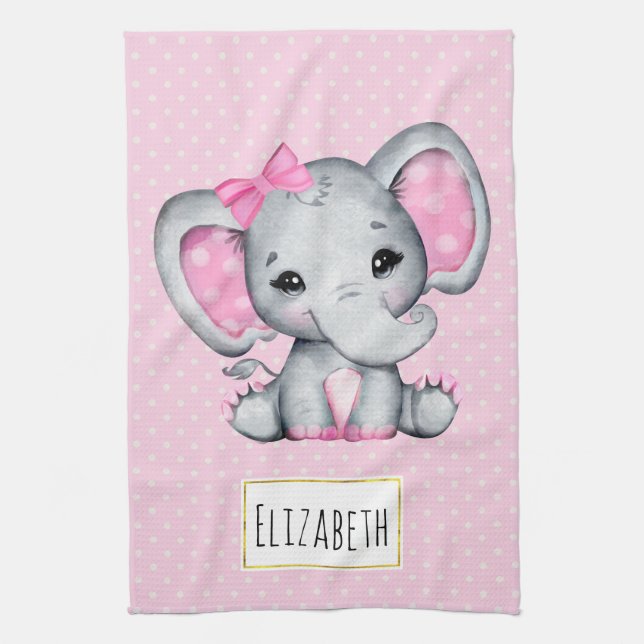 Niedlicher Pink Baby Elephant mit Polka Dot Oars Geschirrtuch (Vertikal)