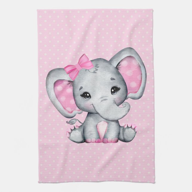 Niedlicher Pink Baby Elephant mit Polka Dot Oars Geschirrtuch (Vertikal)