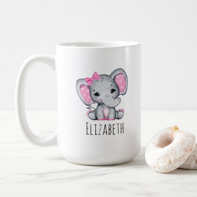 Niedlicher Pink Baby Elephant mit Polka Dot Oars Kaffeetasse (Mit Donut)