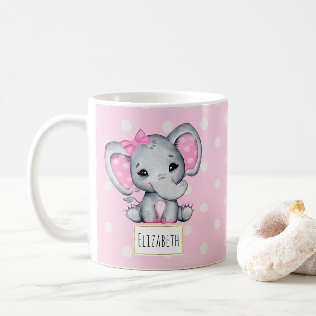 Niedlicher Pink Baby Elephant mit Polka Dot Oars Kaffeetasse (Mit Donut)