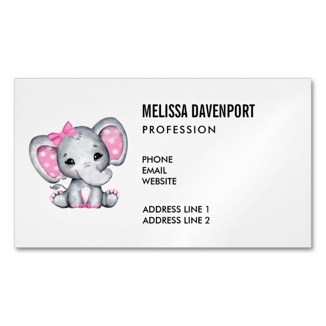 Niedlicher Pink Baby Elephant mit Polka Dot Oars Magnetische Visitenkarte (Vorderseite)