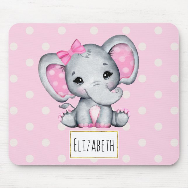 Niedlicher Pink Baby Elephant mit Polka Dot Oars Mousepad (Vorne)