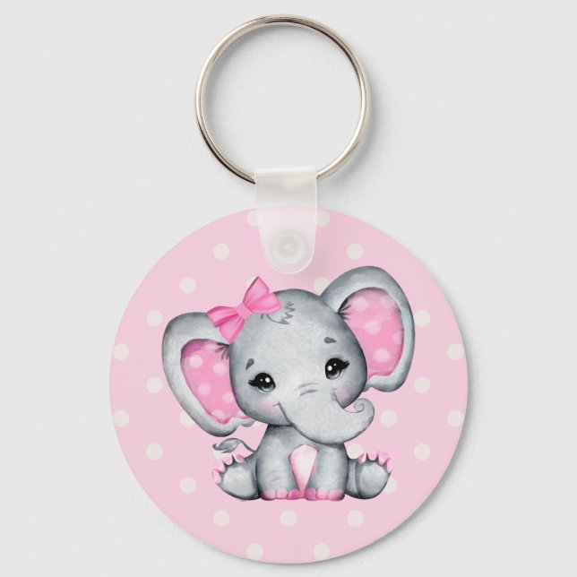 Niedlicher Pink Baby Elephant mit Polka Dot Oars Schlüsselanhänger (Vorderseite)