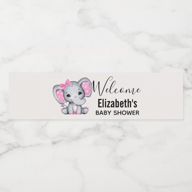 Niedlicher Pink Baby Elephant mit Polka Dot Oars Wasserflaschenetikett (Einzelnes Label)