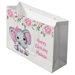 Niedlicher Pink Baby Elephant und Rose Border Birt Große Geschenktüte
