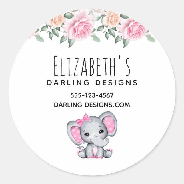 Niedlicher Pink Baby Elephant und Rose Grenzgeschä Runder Aufkleber (Vorderseite)