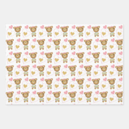 Niedlicher Pink Baby Girl Bear Geschenkpapier Set