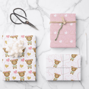 Niedlicher Pink Baby Girl Bear Geschenkpapier Set