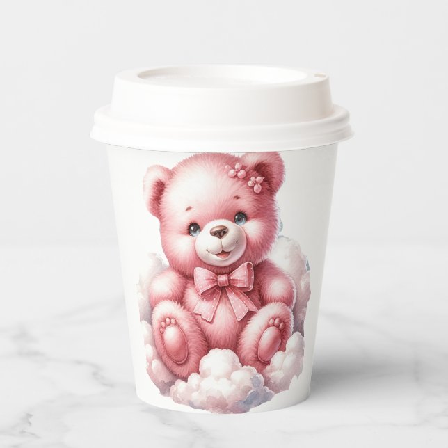 NIEDLICHER PINK-BABY-TEDDY-BAR AUF EINEM GESCHLOSS PAPPBECHER (Vorderseite)
