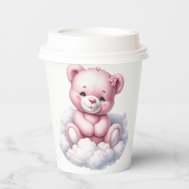 NIEDLICHER PINK-BABY-TEDDY-BAR AUF EINEM GESCHLOSS PAPPBECHER (Vorderseite)
