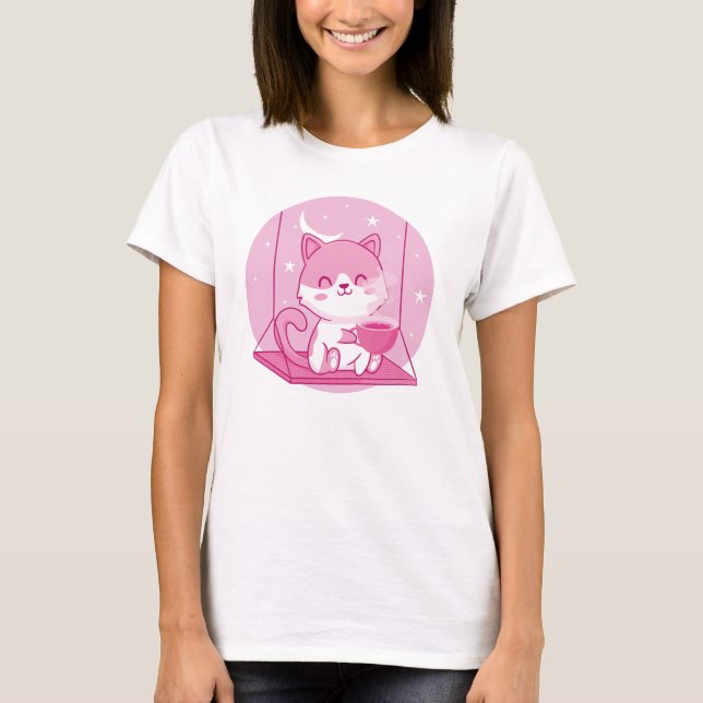 Niedlicher Pink Cat Coffee, Kitten Swing Coffein D T-Shirt (Vorderseite)