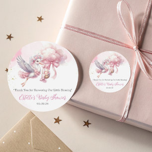 Niedlicher Pink Cloud Stork Baby Duschkleber Runder Aufkleber