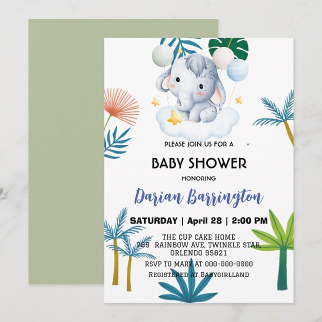 Niedlicher Pink-Elefant-Krug-Blume Babydusche Kind Einladung (Vorne/Hinten)