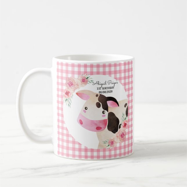 Niedlicher Pink Gingham Floral Cow Farm Kaffeetasse (Links)