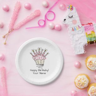 Niedlicher Pink-Kuchen, der Teller der Geburtstags
