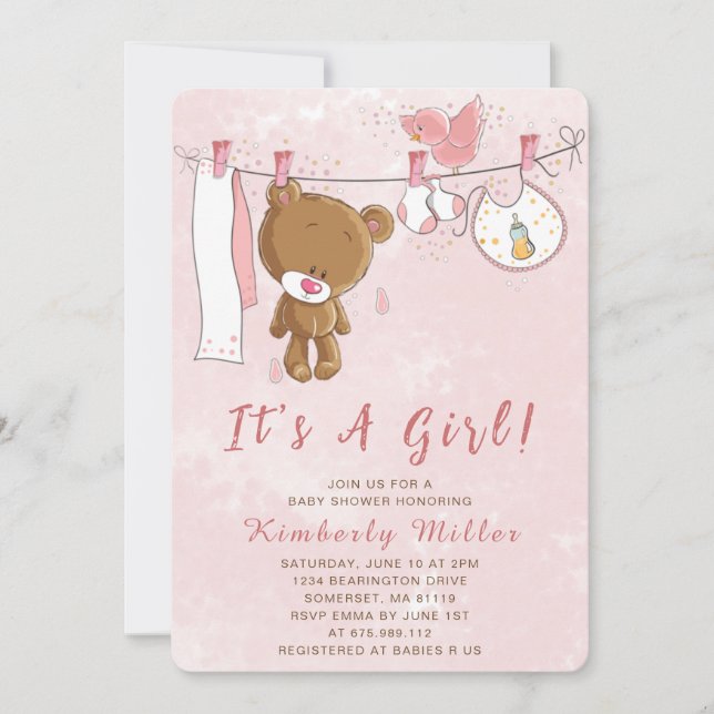Niedlicher Pink Teddy Bär Es ist eine Girl Baby Du Einladung (Vorderseite)
