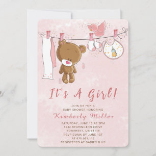 Niedlicher Pink Teddy Bär Es ist eine Girl Baby Du Einladung
