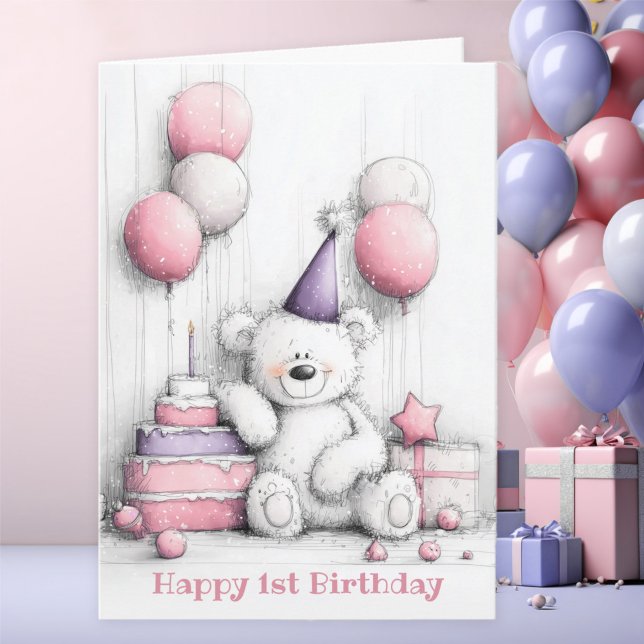 Niedlicher Pink Teddy Bear 1. Geburtstag Karte (Von Creator hochgeladen)