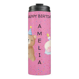 Niedlicher Pink Teddy Bear und Regenbogen Freckles Thermosbecher