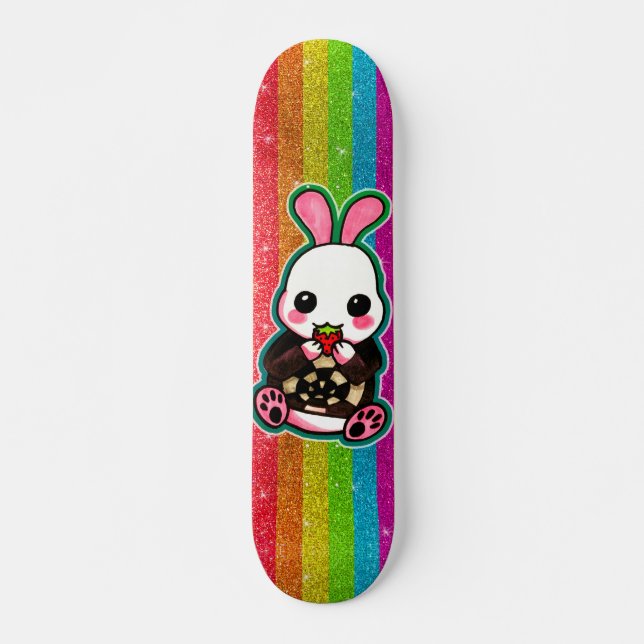 Niedlicher Pink und Weiß Kaninchen Rainbow Glitzer Skateboard (Vorne)