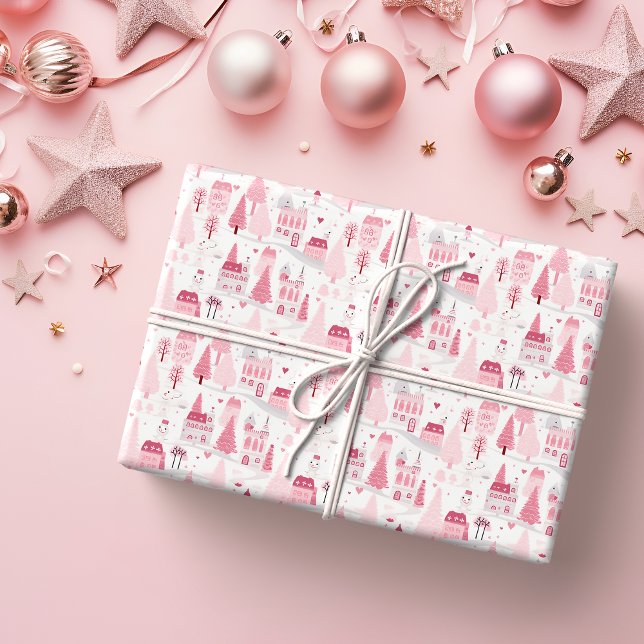 Niedlicher Pink Weihnachtsdorf Schneetag Geschenkpapier (Von Creator hochgeladen)