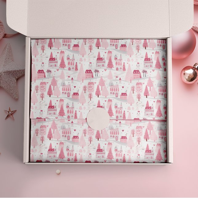 Niedlicher Pink Weihnachtsdorf Schneetag Seidenpapier (Von Creator hochgeladen)