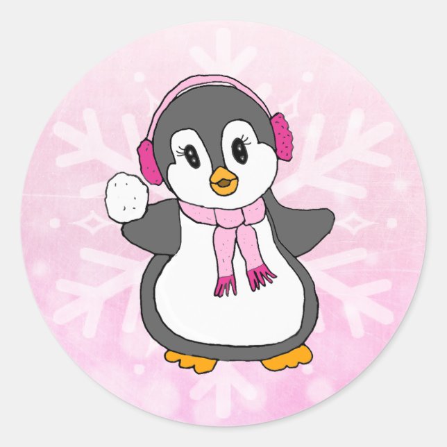 Niedlicher Pink WeihnachtsPenguin mit Snowball Hol Runder Aufkleber (Vorderseite)