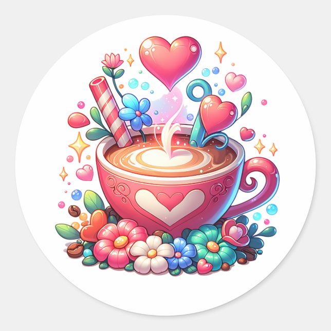Niedlicher Pink Whimsical Kaffee & Herz Runder Aufkleber (Vorderseite)