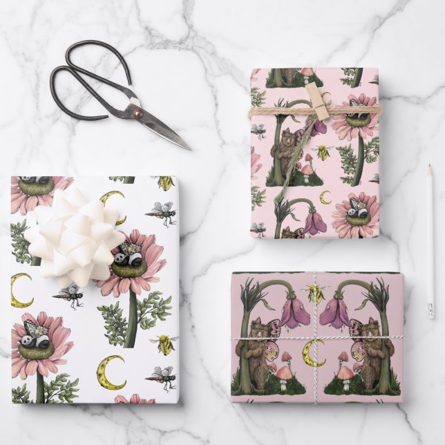 Niedlicher Pink Woodland Bären Fairies Pilzwald Geschenkpapier Set (Vorderseite)