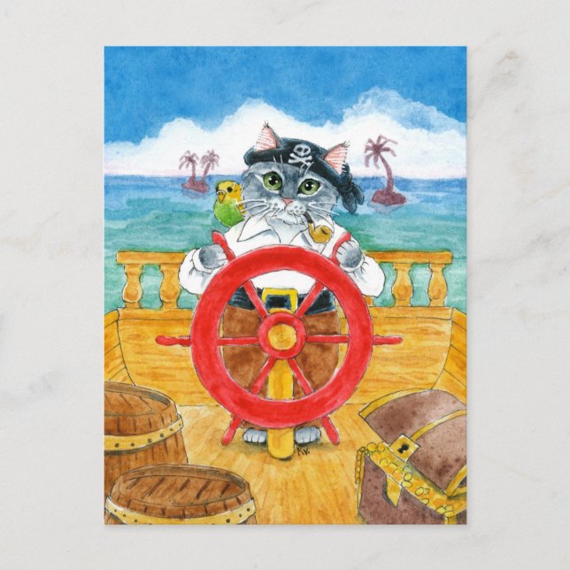 Niedlicher Pirate Cat Budgie Caribbean Sea Ship Po Postkarte (Vorderseite)