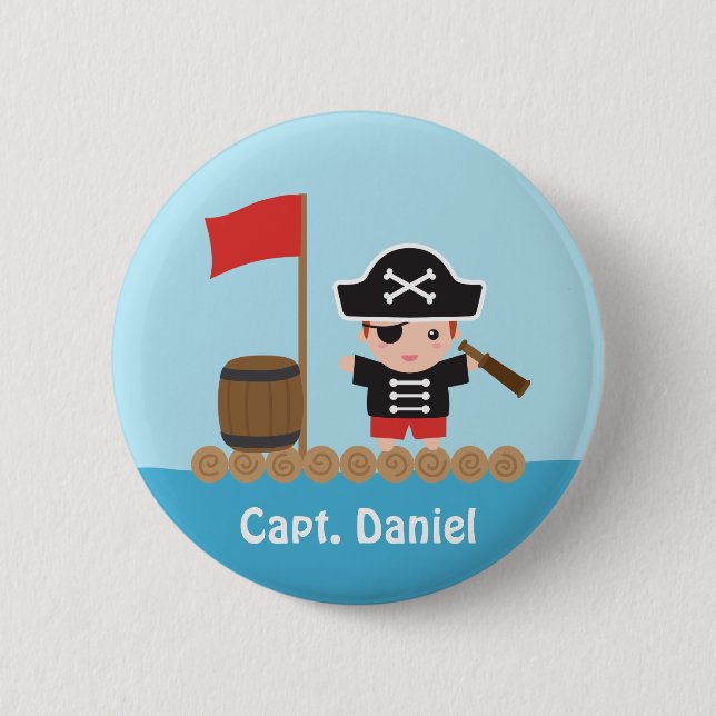 Niedlicher Piratenkapitän Ocean Raft Boy Button (Vorderseite)