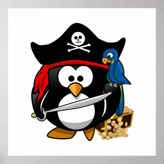 Niedlicher Piratenpinguin mit Schatztruhe Poster (Vorne)