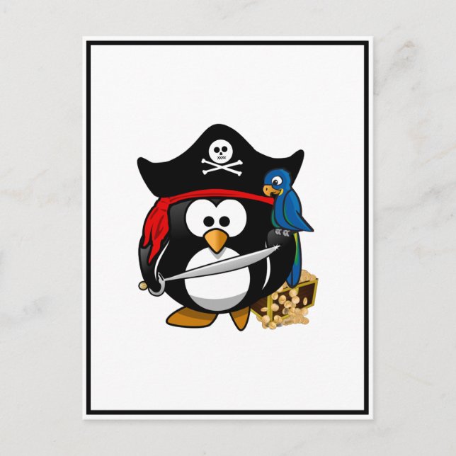 Niedlicher Piratenpinguin mit Schatztruhe Postkarte (Vorderseite)