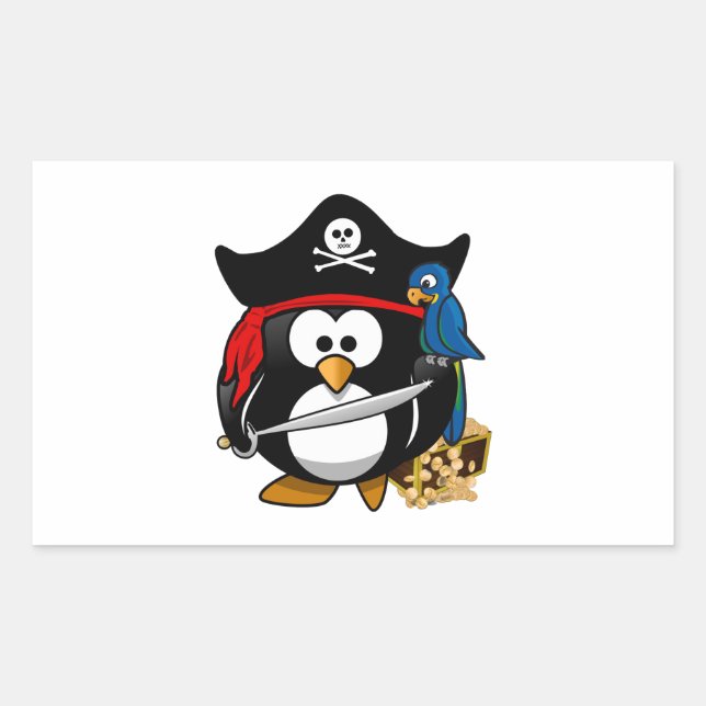 Niedlicher Piratenpinguin mit Schatztruhe Rechteckiger Aufkleber (Vorderseite)