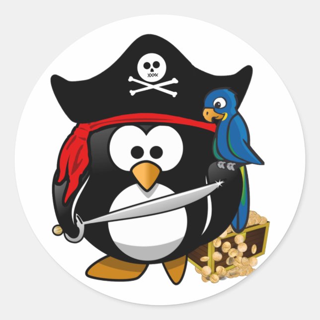 Niedlicher Piratenpinguin mit Schatztruhe Runder Aufkleber (Vorderseite)
