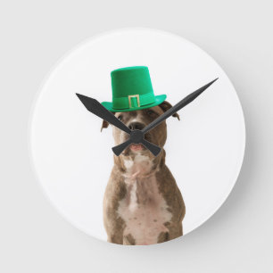 Niedlicher Pit Bull Dog Hat St. Patrick's Day Runde Wanduhr
